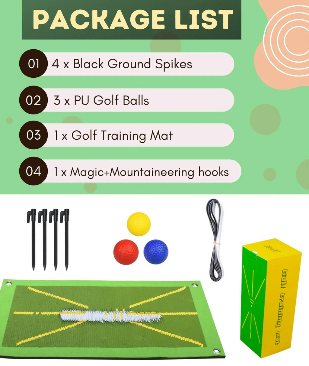 Package list with golf training equipment including spikes, balls, a mat, and hooks on a green background.
